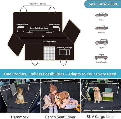 Lassie Dog Car Seat Covers for Back Seat with 2 Seat Belts, Waterproof Dog Car Hammock with Mesh Window Durable Scratch Proof Nonslip Pet Carseat Covers Universal Fit Protector for Cars, Trucks & SUVs