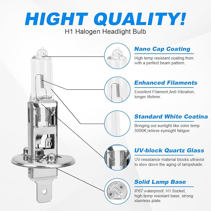 H1 Halogen Headlight Bulb, 12V 55W H1 Halogen Headlamp 5000K Auto Car Low High Beam Light Bulbs for Fog light Replacement,Not fit 24V Vehicles,Pack of 2