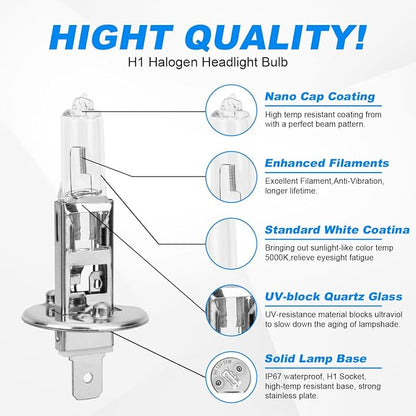 H1 Halogen Headlight Bulb, 12V 55W H1 Halogen Headlamp 5000K Auto Car Low High Beam Light Bulbs for Fog light Replacement,Not fit 24V Vehicles,Pack of 2