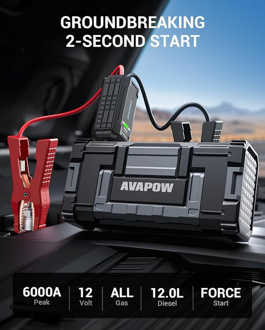 AVAPOW 6000A Car Battery Jump Starter Portable (12V DC Output for All Gas or up to 12L Diesel), Jump Box for Car Battery with USB3.0 Power Bank, Jump Pack with SOS Bright Light