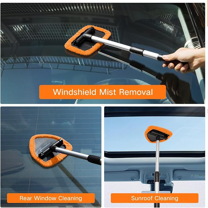 Qydipclin 7pcs Windshield Cleaner Tool Car Window Cleaning Wash Kit with 4 Reusable Microfiber Pads 1 Spray Bottle and Extendable Handle Auto Glass Wiper Kit, Orange