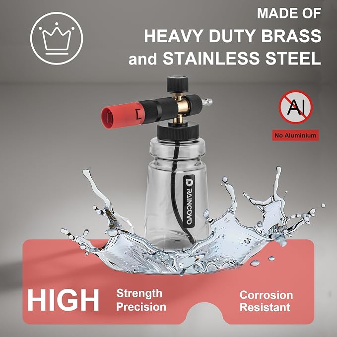Raincovo Foam Cannon Wide Mouth for Pressure Washer, Thick Snow Foam Lance for Car Wash, Adjustable Soap Cannon with 1/4 Inch Quick Connector, Additional 1.1mm Orifice Nozzle