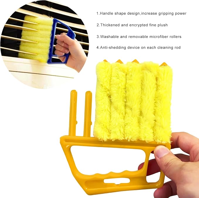 2 PCS Blind Cleaner Duster Tool, 7 Finger Handheld Duster Window Shutters Dusting Cleaner Brush, Washable Mini Blinds Dust Cleaning Tools for Car Air Conditioner Vent (Blue+Yellow)