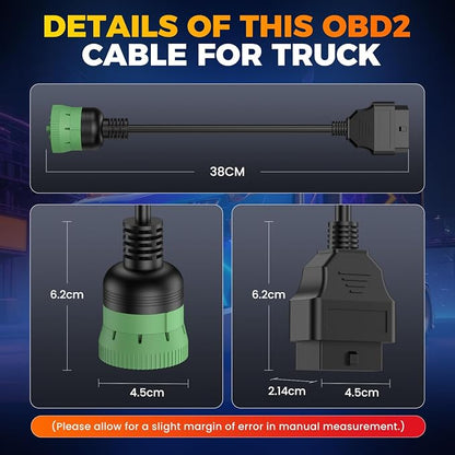 Autel Original Green Type 2 J1939 Male to 16pin Female OBD2 Adapter Cable, for Heavy Duty Trucks Scanner and Commercial Vehicles with 9pin Diagnostic Connector