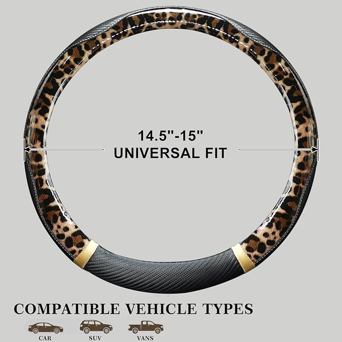 KAFEEK Light Brown Leopard Steering Wheel Cover, 15 inch Carbon Fiber Texture, Coffee Cheetah Pattern, Non-Slip Microfiber Leather, Universal Fit for SUV Sedan
