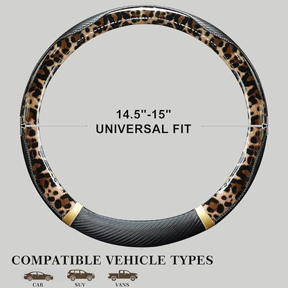 KAFEEK Light Brown Leopard Steering Wheel Cover, 15 inch Carbon Fiber Texture, Coffee Cheetah Pattern, Non-Slip Microfiber Leather, Universal Fit for SUV Sedan