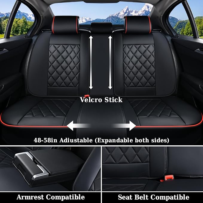 Coverado Car Seat Covers Full Set, Luxury Faux Leather Waterproof Seat Covers, Black Car Seat Covers, Universal Car Seat Protector Leather Car Seat Cushion, Carseat Cover Fit Most Cars, Black&Red