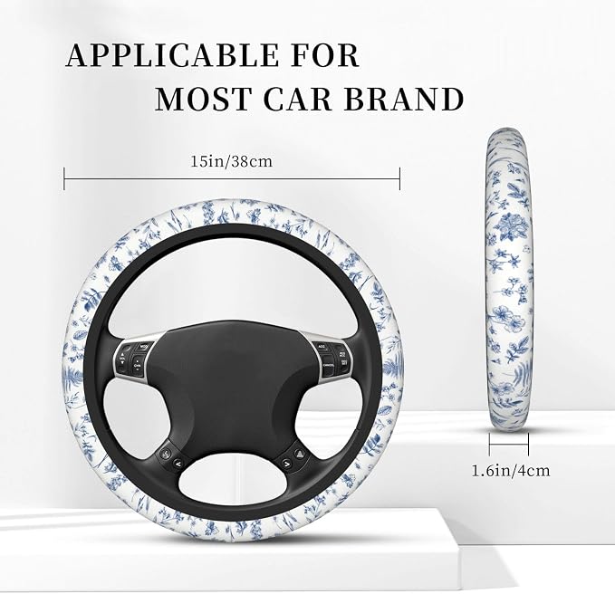 Vintage Blue Flower Steering Wheel Cover Car Decor