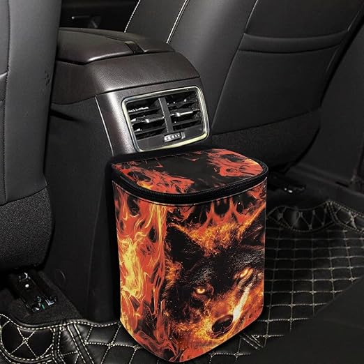 Talayituse Wolf Fire Print Car Trash Can with Lid, Leak Proof Auto Trash Bag Hanging Vehicle Garbage Can Multipurpose Storage Container for Back Seat Road Trip