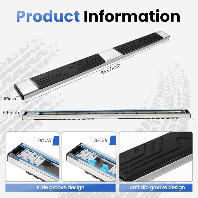 PZ 6.5" Rustproof Running Boards Side Steps Compatible with Chevy Silverado/GMC Sierra 1500 Crew Cab 2019-2026, 2020-2026 2500HD 3500HD,500 lbs Mirror Stainless Steel Side Step Nerf Bar Ridge Pattern