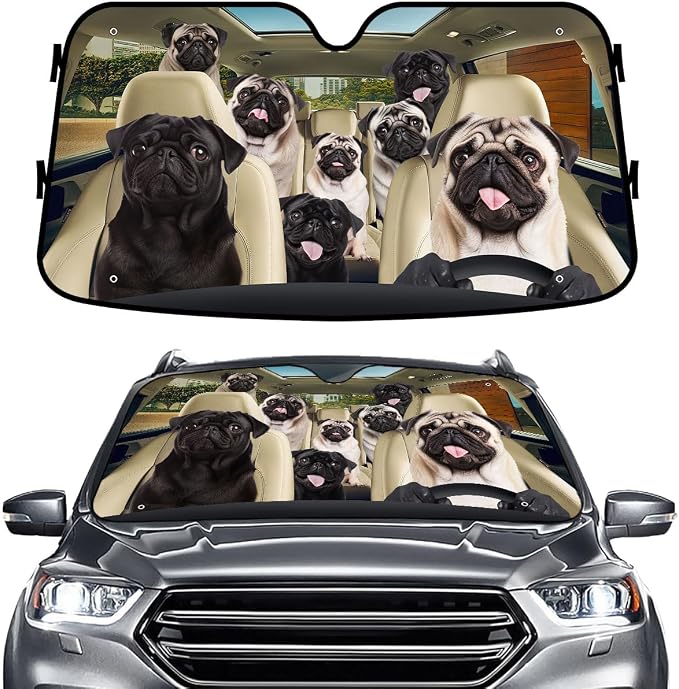 GENANY Cute Pug Dog Family Funny Windshield Sun Shade for Car SUV Truck (55x30 Inches), Sun Shade Windshield, Shades for Front Windows, Protector Blocks UV, Spring Car Decor