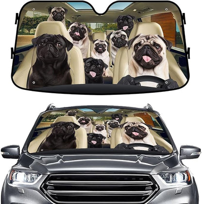 GENANY Cute Pug Dog Family Funny Windshield Sun Shade for Car SUV Truck (55x30 Inches), Sun Shade Windshield, Shades for Front Windows, Protector Blocks UV, Spring Car Decor