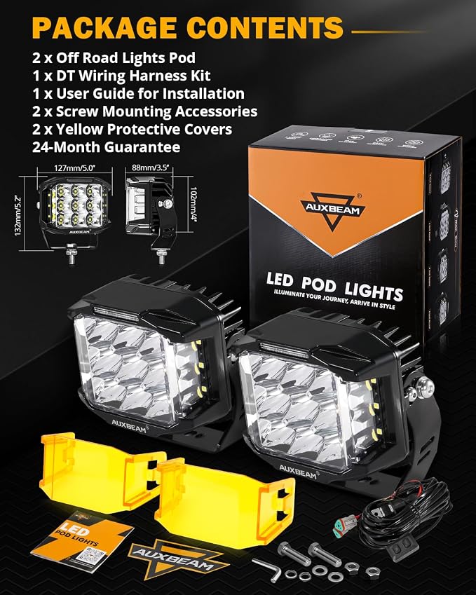 Auxbeam 5 Inch LED Pod Offroad Lights, 168W Super Bright Cube Pods Spot Flood Combo Driving Lights with Side Shooter, V-MAX Series Amber DRL Ditch Work Light with Yellow Cover for Truck Jeep SUV ATV