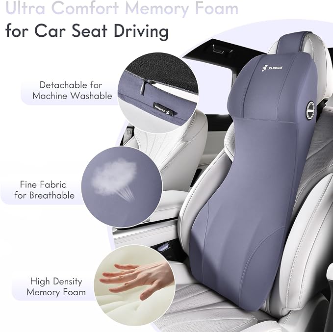 FLORICH Integrated Car Seat Lumbar Support Pillow & Car Neck Pillow Memory Foam Back Cushion for Driving Car Seat Back Support Pillow for Car Seats Driver Back Neck Sciatica Pain Relief Cushion, Blue
