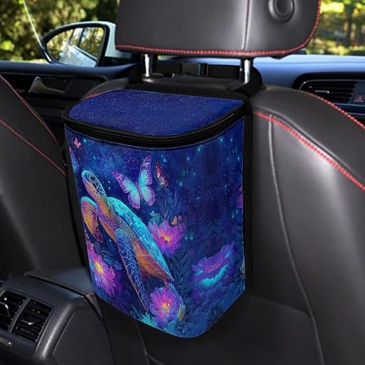 Talayituse Daisy Turtle Butterfly Print Car Trash Bin, Large Size Auto Trash Can Adjustable Portable Garbage Can with Lid, Vehicle Hanging Bag for Headrest Front Back Seat
