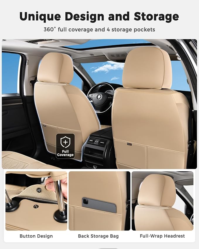 Huidasource Car Seat Covers Full Set, Universal Fit for Most Cars SUV Trucks, Full Coverage Nappa Leather Seat Cover, Airbag, Cupholder Compatible, Velcro Adjustable, Seat Function Retain, Beige