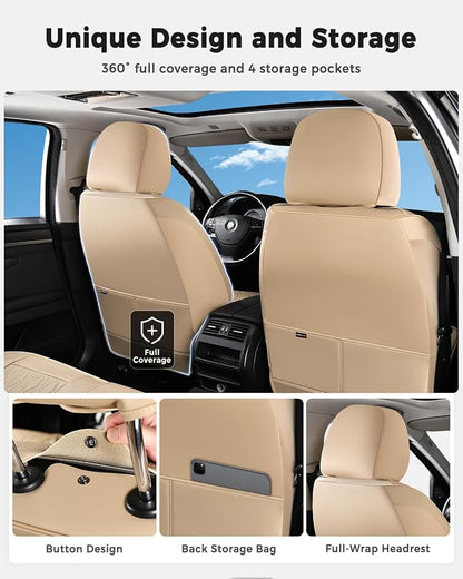 Huidasource Car Seat Covers Full Set, Universal Fit for Most Cars SUV Trucks, Full Coverage Nappa Leather Seat Cover, Airbag, Cupholder Compatible, Velcro Adjustable, Seat Function Retain, Beige