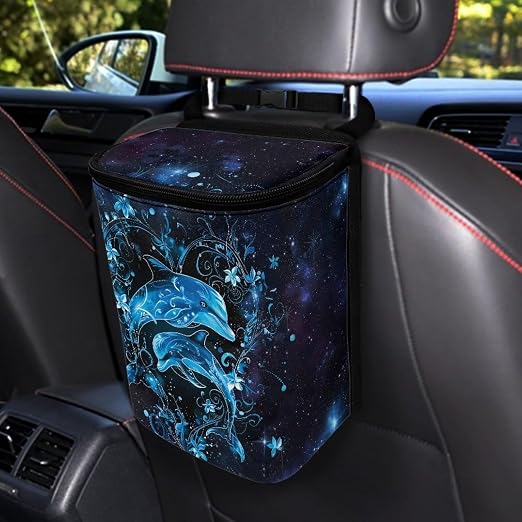 Talayituse Galaxy Dolphin Floral Print Car Trash Can Portable Auto Garbage Bin Multifunctional Vehicle Interior Accessories with Adjustable Straps Universal Fit Truck SUV Sedan
