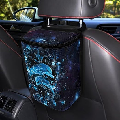 Talayituse Galaxy Dolphin Floral Print Car Trash Can Portable Auto Garbage Bin Multifunctional Vehicle Interior Accessories with Adjustable Straps Universal Fit Truck SUV Sedan