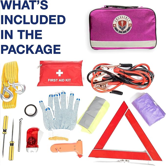 Roadside Assistance Emergency Car Kit - First Aid Kit, Jumper Cables, Tow Strap, led Flash Light, Rain Coat, Tire Pressure Gauge, Safety Vest and More Ideal Winter Accessory for Your Car (Pink)