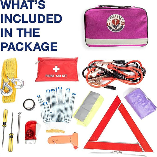Roadside Assistance Emergency Car Kit - First Aid Kit, Jumper Cables, Tow Strap, led Flash Light, Rain Coat, Tire Pressure Gauge, Safety Vest and More Ideal Winter Accessory for Your Car (Pink)