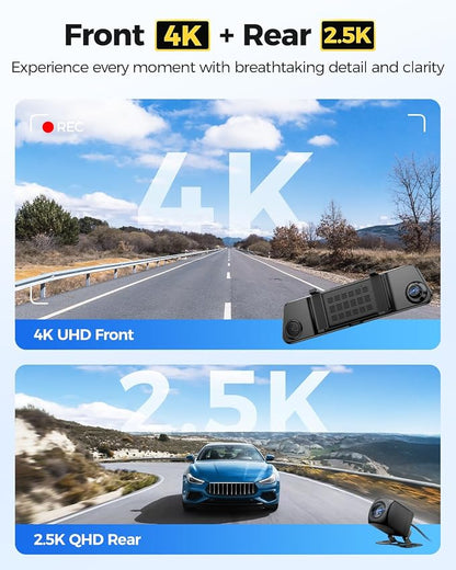 AZDOME 4K+2.5K Mirror Dash Cam with AR effects, ADAS, BSD & LCA Rear View Mirror Camera, 12" Rearview Mirror Camera, 5.8GHz WiFi, Voice Control, GPS, backup camera mirror Includes 64GB Card (PG17 Max)
