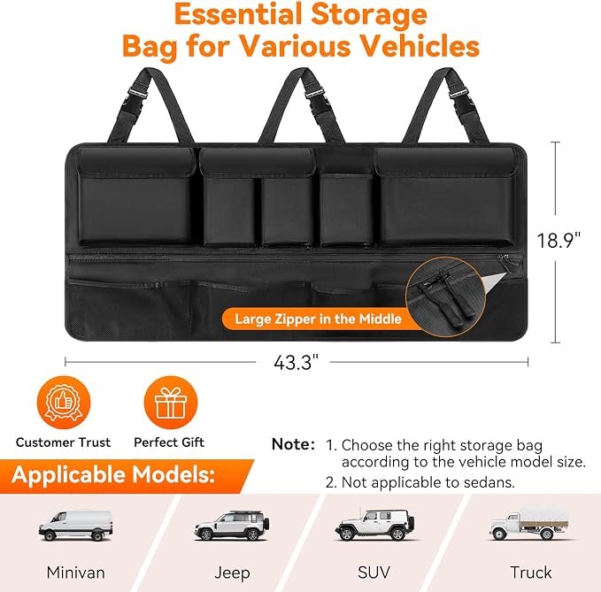 Trunk Organizer for SUV, 43" x 19" Large Capacity Car Organizers and Storage, Backseat Hanging Storage Bag with 10 Pockets, Adjustable & Waterproof Car Interior Accessories for SUV Truck MPV