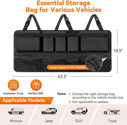 Trunk Organizer for SUV, 43" x 19" Large Capacity Car Organizers and Storage, Backseat Hanging Storage Bag with 10 Pockets, Adjustable & Waterproof Car Interior Accessories for SUV Truck MPV