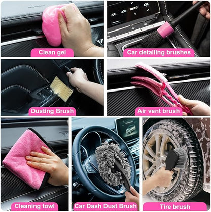 Car Vacuum Cordless Rechargeable, 8000PA High Power Handheld Vacuum Cleaner with 17PCS Car Cleaning Kit, Pink Auto Accessories for Women Gift