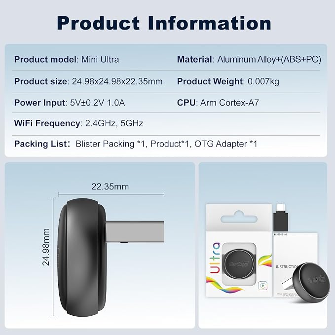 Carlinkit Mini Ultra 3 Wireless CarPlay & Android Auto Adapter, Convert Factory Wired to Wireless, USB-A/USB-C Fast Connection for iPhone & Android 11+, Plug & Play Dongle, OTA Upgrade