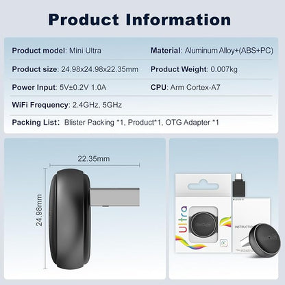 Carlinkit Mini Ultra 3 Wireless CarPlay & Android Auto Adapter, Convert Factory Wired to Wireless, USB-A/USB-C Fast Connection for iPhone & Android 11+, Plug & Play Dongle, OTA Upgrade