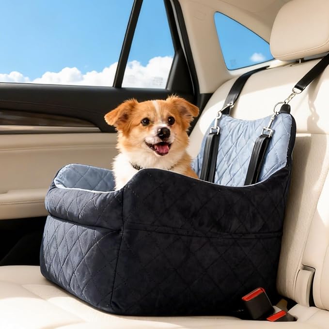 Dog Car Seat for Small Dogs, Elevated Pet Booster Seat with Safety Leash & Anti-Slip Base, Washable Dog Car Bed Travel Seat for Small Pets up to 30 lbs, Black & Gray