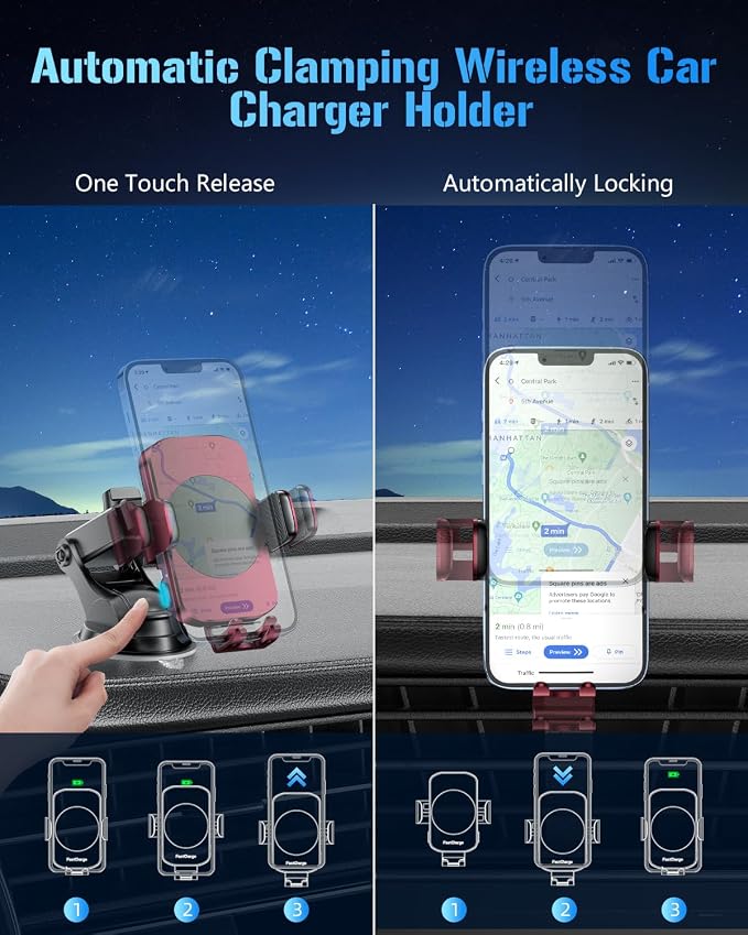 BothLin 3-in-1 Wireless Car Charger Mount, 15W Fast Charging Auto-Clamping Phone Holder for iPhone 17 16 15 14, Samsung Galaxy S24 S23, Dashboard, Vent & Windshield Car Mount(Deep Red)