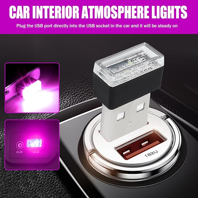 4 PCS USB LED Car Interior Atmosphere Lamp, Portable Mini Auto LED Decor Night Light, Plug-in USB Interface Ambient Lighting Kit, Universal Car Interior Accessories(Purple)