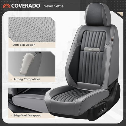 Coverado Car Seat Covers Full Set, Seat Covers for Cars, Car Seat Cover, Car Seat Protector, Leather Car Seat Cushion, Waterproof Car Seat Covers Front Seats and Back Fit for Most Cars(Gray&Black)