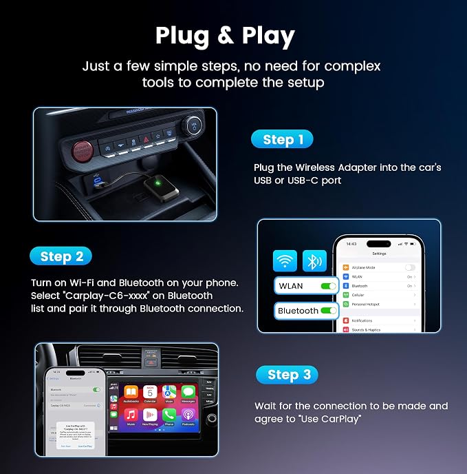 Wireless CarPlay Adapter for iPhone – Plug-and-Play with USB-A Extension & USB-C Connector, Zero Latency, Compatible with 2016+ Cars & iOS 10+
