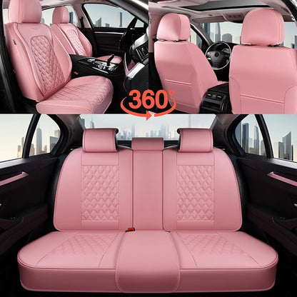 Coverado Full Set Car Seat Covers, Luxury Faux Leather Waterproof Seat Covers, Pink Car Seat Protectors, Universal Fit for Most Cars, Automotive Seat Covers-Pink