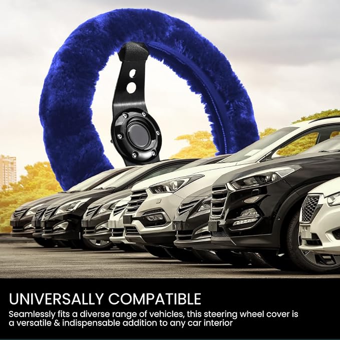 Andalus Brands Luxury Fluffy Car Steering Wheel Covers – Genuine Merino Sheepskin, Soft Fuzzy Car Steering Wheel Cover for Women, Universal 14.5-15" Size, Plush Fur Cute Auto Accessories, Navy