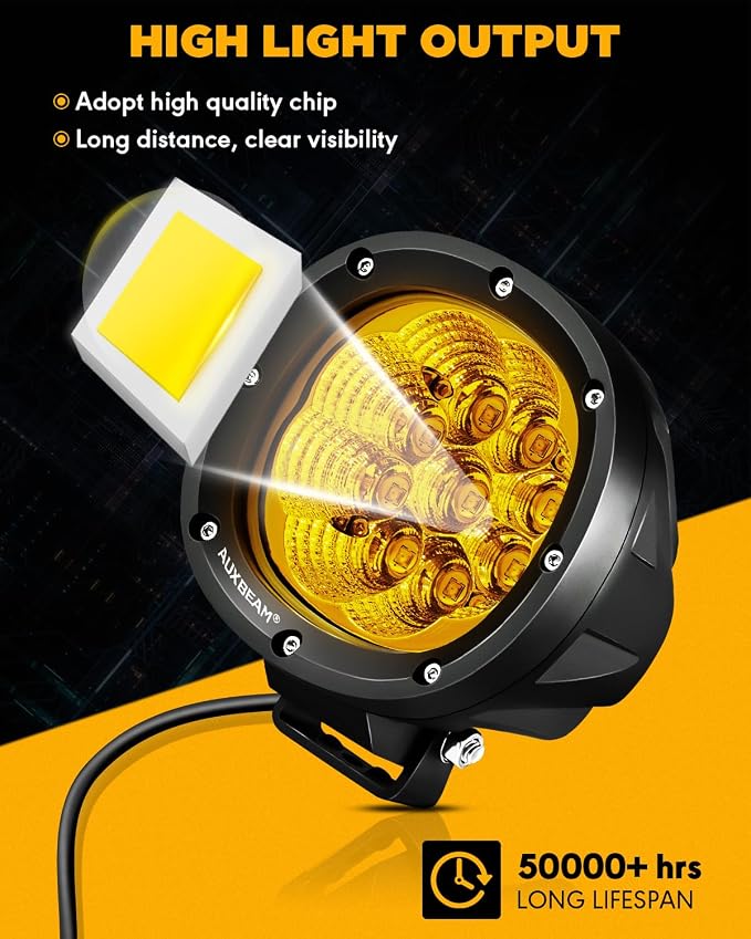 Auxbeam 4 Inch Amber Round LED Driving Light, 2PCS 90W 9000LM Yellow Fog Pods Light Bar Off-Road Flood Work Energy-Efficient Lights with DT Plug Wiring Harness Kit for Truck Jeep Pickup ATV UTV SUV