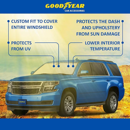 Goodyear Foldable Windshield Sunshade for Chevrolet (Chevy) Tahoe 2015-2020, SUV car Accessories, Sunshade Cover, Sun Shade Car Windshield, Window Sun Blocker - GY008334