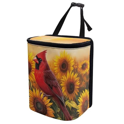 Talayituse Cardinal Sunflower Print Car Trash Can Portable Auto Garbage Bin Multifunctional Vehicle Interior Accessories with Adjustable Straps Universal Fit Truck SUV Sedan