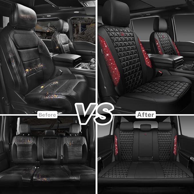 CAR PASS Bling Diamond Black Red Leather Car Seat Covers Full Set, Waterproof Shining Glitter Sparkly Crystal Universal Armrest Fit Automotive Truck SUV Women Girl, Rhinestone Interior Cover Set, Red