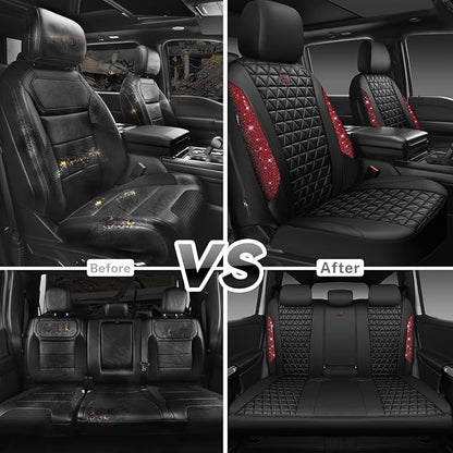 CAR PASS Bling Diamond Black Red Leather Car Seat Covers Full Set, Waterproof Shining Glitter Sparkly Crystal Universal Armrest Fit Automotive Truck SUV Women Girl, Rhinestone Interior Cover Set, Red