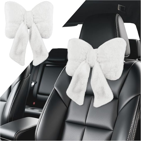 Furry Bow Car Headrest Pillow,Soft & Comfortable Car Neck Pillow for Cars Decorations & Fatigue Relief,Universal Head Rest Pillows for Cars Interior Accessories for Trucks,SUVs (White)