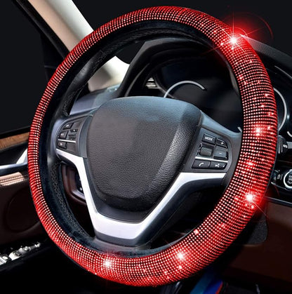 Valleycomfy Steering Wheel Cover for Women Bling Bling Crystal Diamond Sparkling Car SUV Wheel Protector Universal Fit 15 Inch (Black with Red Diamond,Standard Size(14" 1/2-15" 1/4))