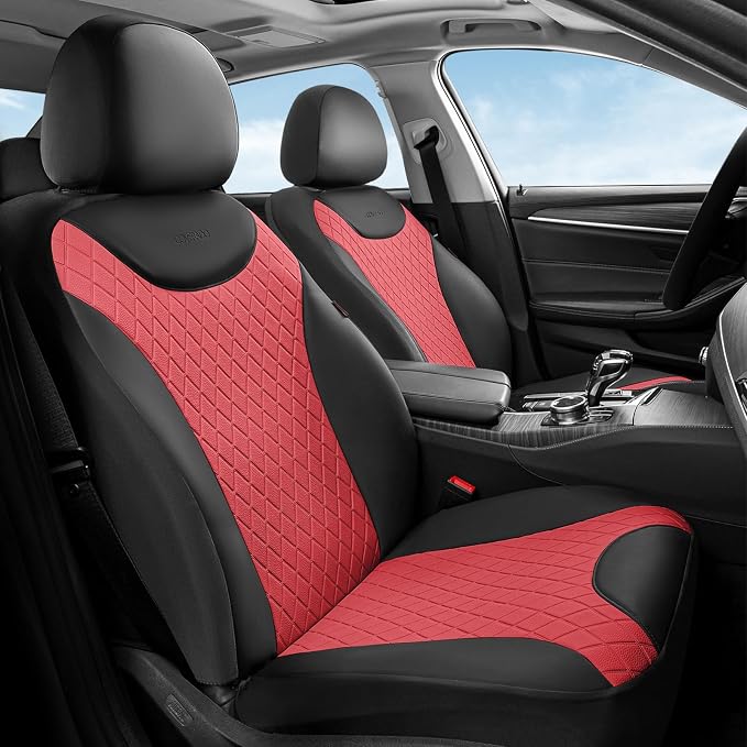 Coverado Front Seat Covers, 2 Packs Leather Seat Covers for Cars, Driver Seat Protectors with Splicing Design，Waterproof Car Seat Cushions Universal Seat Covers Fit for Most Cars, Black & Red