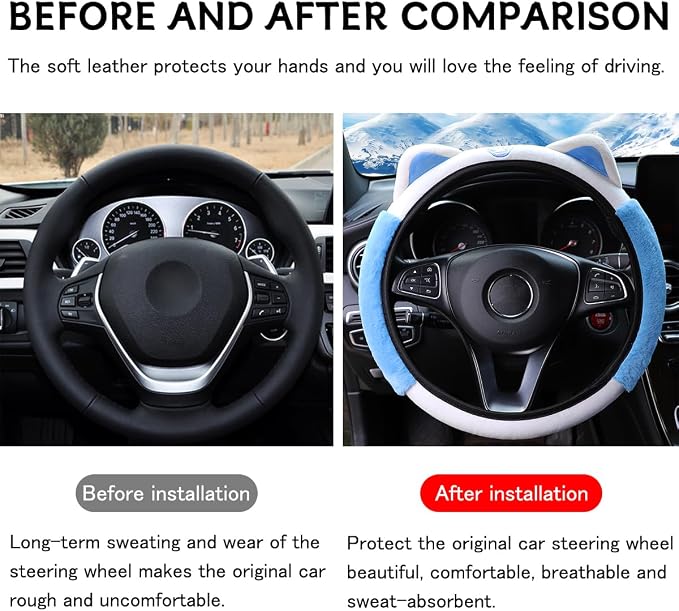 Bittwee Car Steering Wheel Cover, Fluffy Soft Plush for Winter Warm, Cute Steering Wheel Protector with Kitty Cat Ears, Universal 15 Inch, Elastic & Anti-Slip, Lovely Decor Car Accessories (Blue)