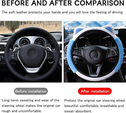 Bittwee Car Steering Wheel Cover, Fluffy Soft Plush for Winter Warm, Cute Steering Wheel Protector with Kitty Cat Ears, Universal 15 Inch, Elastic & Anti-Slip, Lovely Decor Car Accessories (Blue)