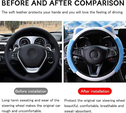 Bittwee Car Steering Wheel Cover, Fluffy Soft Plush for Winter Warm, Cute Steering Wheel Protector with Kitty Cat Ears, Universal 15 Inch, Elastic & Anti-Slip, Lovely Decor Car Accessories (Blue)
