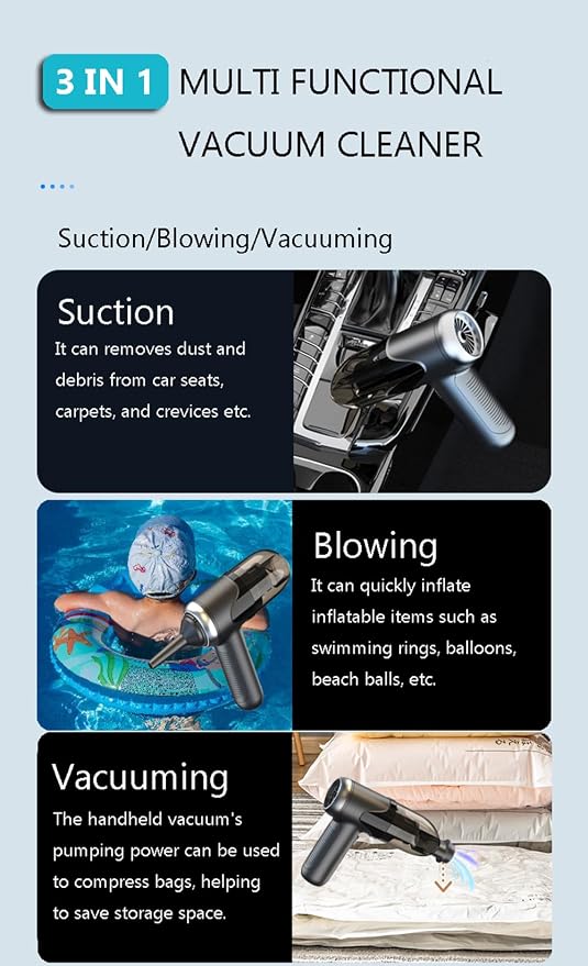 TEZILON Cordless Handheld Car Vacuum Cleaner 3-in-1 High Suction Portable Rechargeable Mini Vacuum, USB Charging, HEPA Filtration, 26Min Runtime, Lightweight for Car Interior Home Office Pet Hair